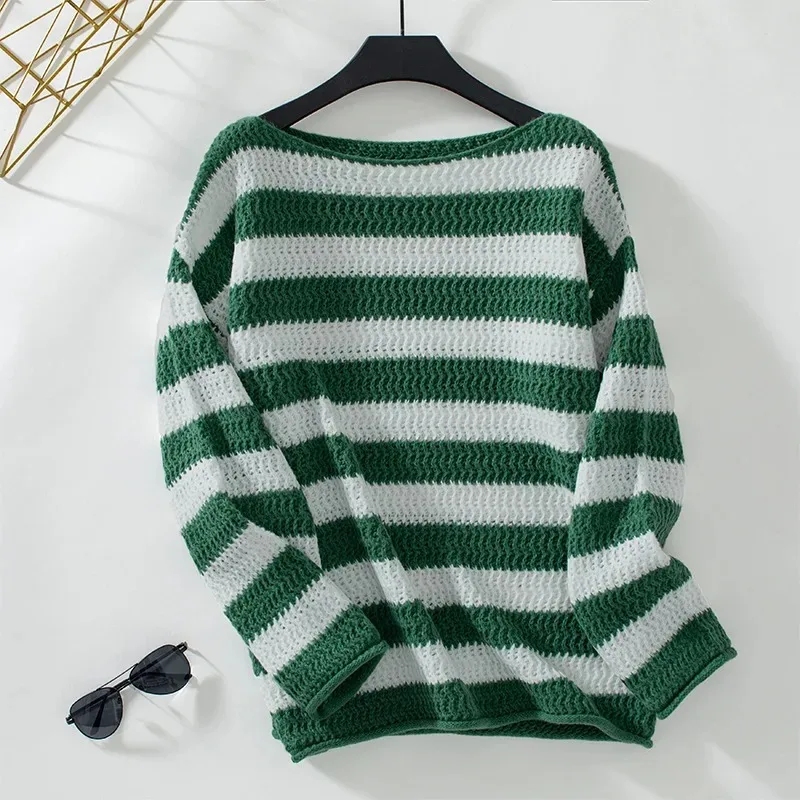 

Casual Striped Knitted Sweater Pullover for Autumn/Winter Women's Pullovers 2024 New Sexy Slash Neck Full sleeve Loose Knitwear