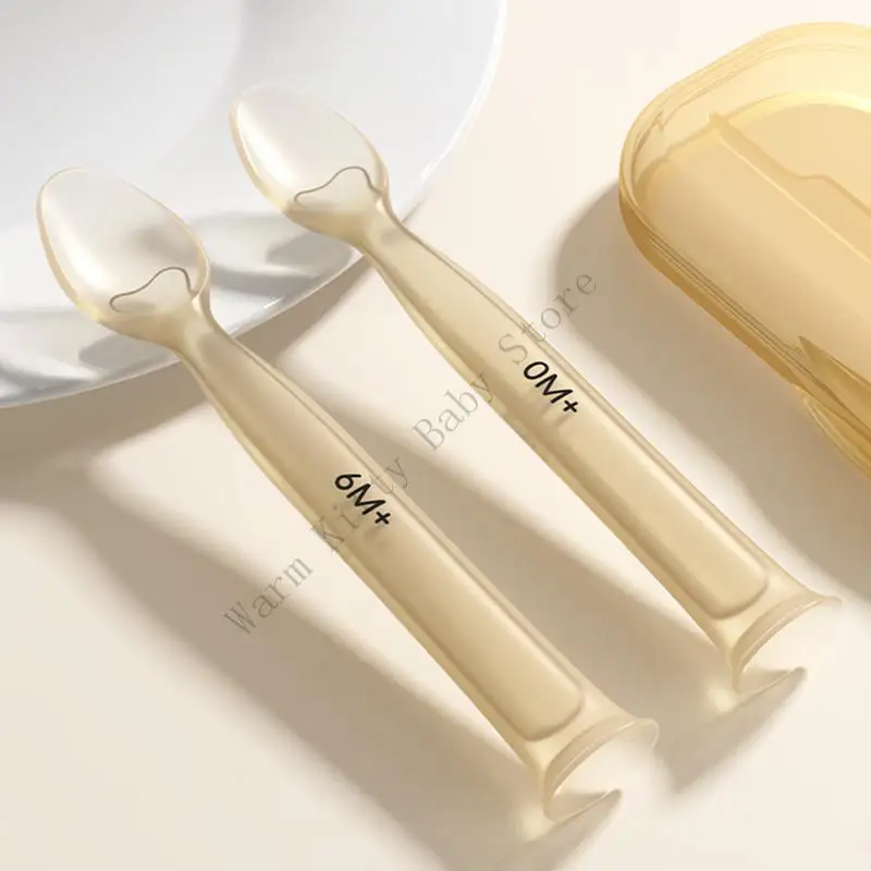 2pcs Silicone Baby Spoons with Dust-proof Storage Box Newborns Feeding Training Spoons For 0-6 Months Baby Tableware