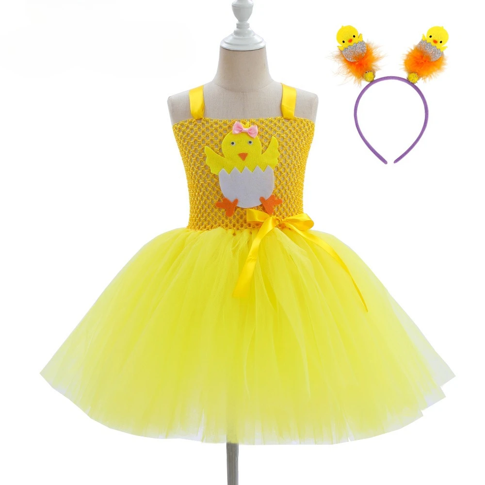 Kids Cartoon Little Chicken Printed Tulle Princess Dress With Cute Headband Outfit Easter Halloween Holiday Party Dress Up Wear