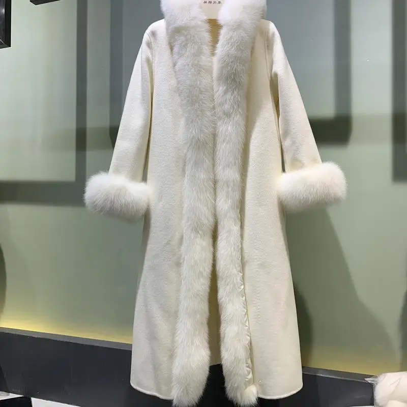 

2023 Woolen fur,Luxury Real Fox Fur Trim And Cuff Cashmere Blend Maxi Long Coat For Women European Style Chic Loose Hooded Real