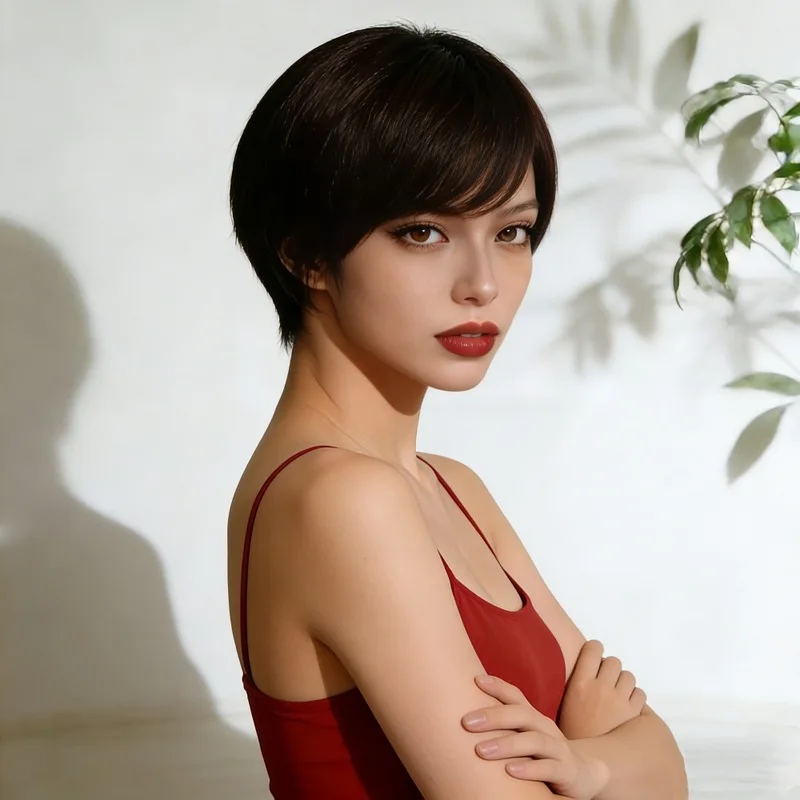 Fashion Short Straight Hair With Side-Parted Slanted Bangs Women'S Wig Head-Worn High-Temperature Synthetic Fiber Wig