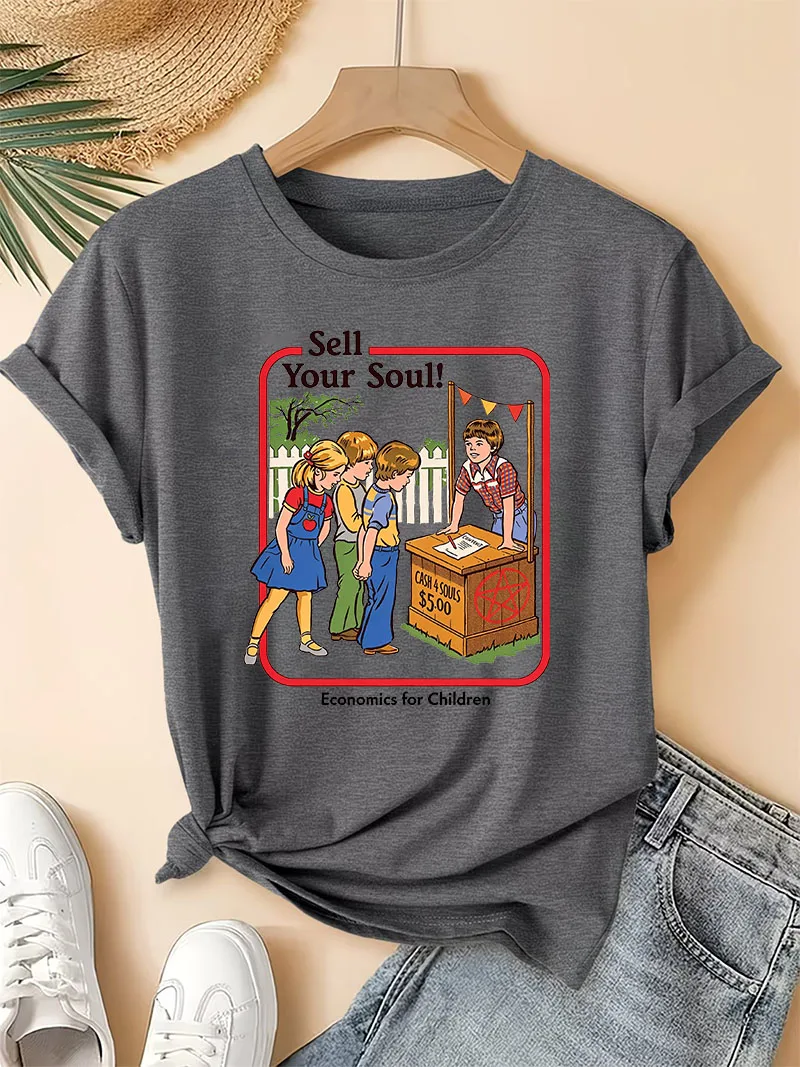Vintage T-Shirt Horror Comic Series Sell Your Soul Economics for Children Women Tshirts Short Sleeve Street Loose Tee Clothing