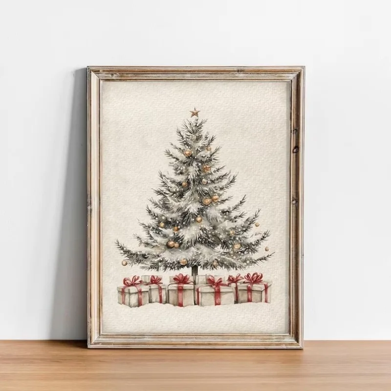 1pc frameless Canvas Painting Vintage Merry Christmas Tree Holly Mistletoe Sketch Xmas Present Nordic Poster Canvas Painting Wal