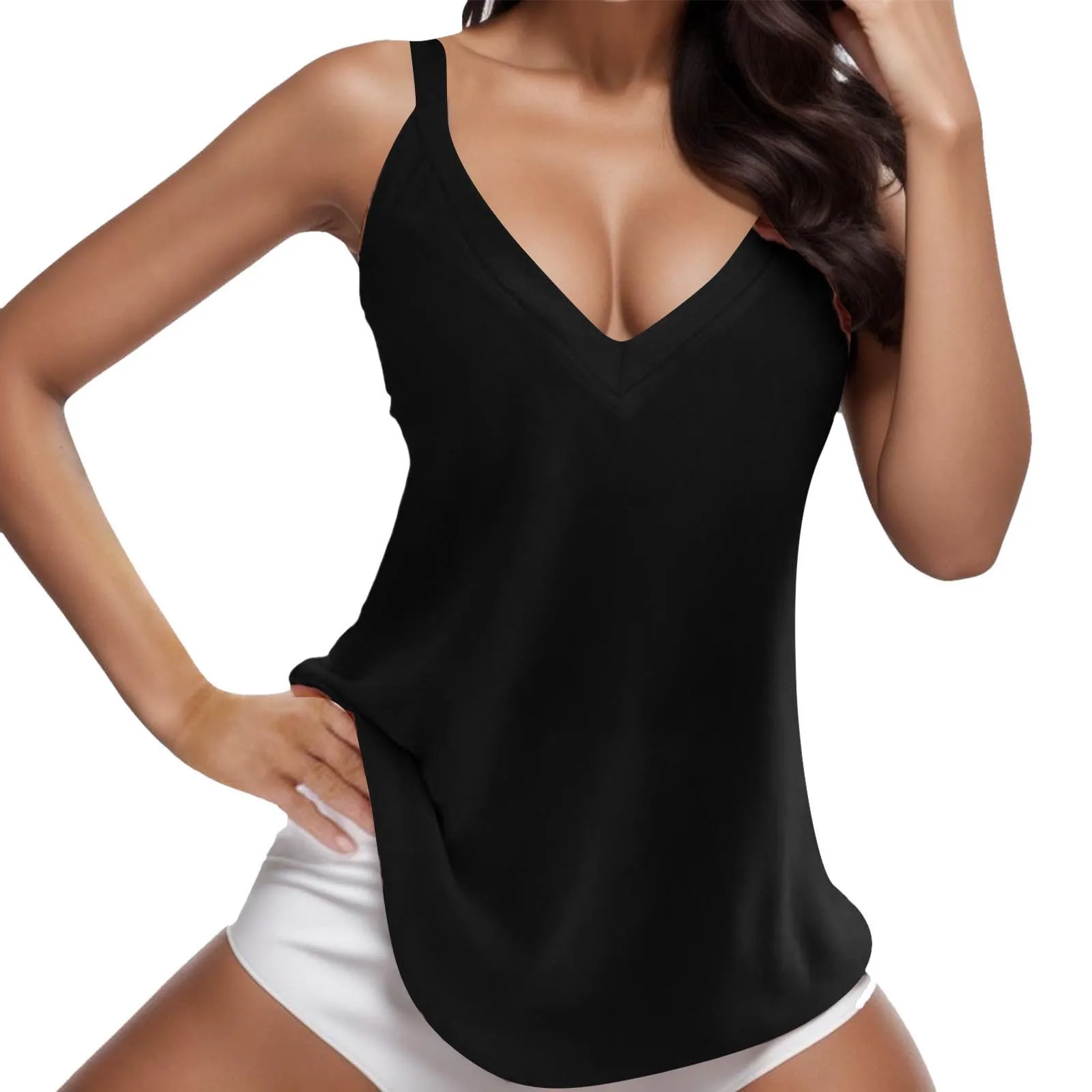 Women Solid V-Neck Tank Top Camisole Women Summer Casual Basic Elastic Tank Top Fashion Sleeveless Tunic Tank Top