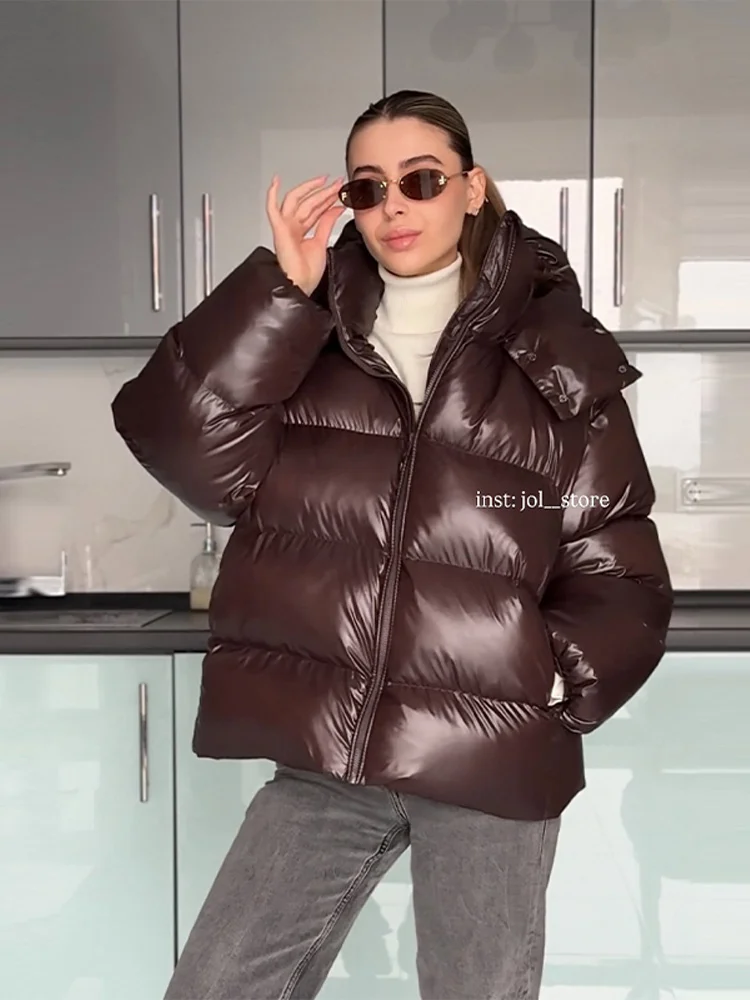 

Winter Women Chocolate Hooded Jackets Detachable Zipper Stand Collar Full Sleeve Thick Glossy Down Jacket 2026 Lady Streetwear