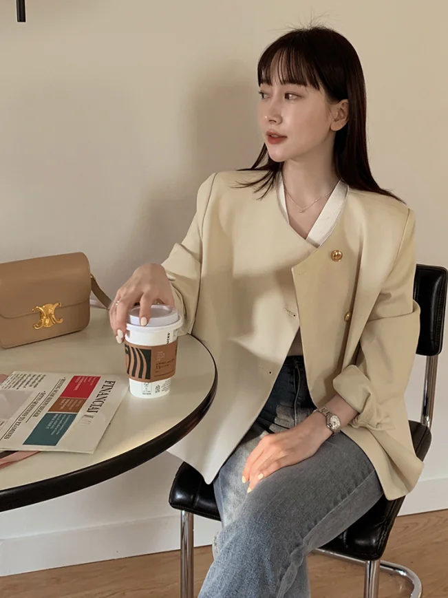 

Ele Loose Fit Long Sve round Ne Suit Jaet Women's Faion Korean Sle Autumn Collection Sli Top