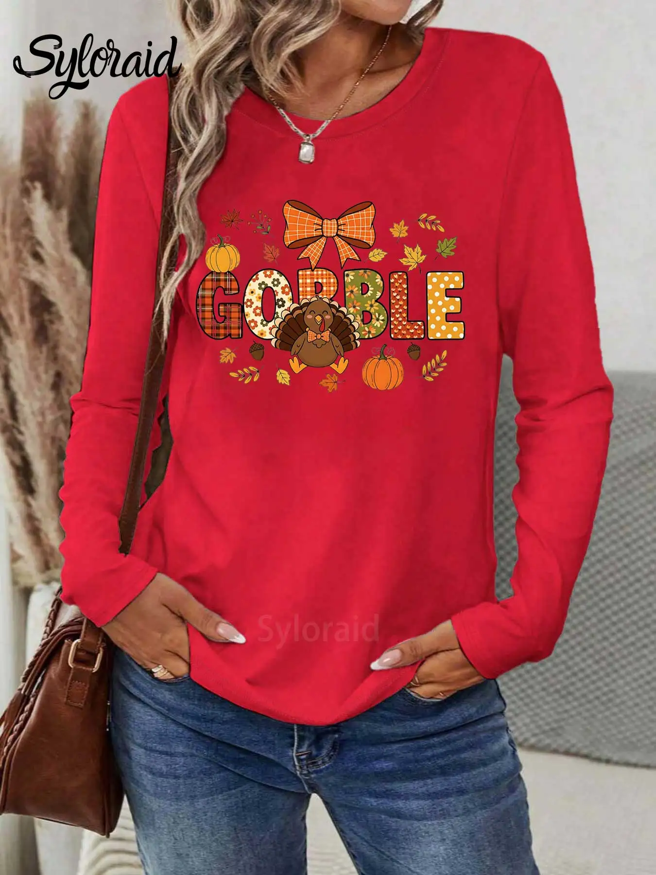 T-shirt a maniche lunghe da donna T-shirt con stampa Turchia del Ringraziamento Camicia di ringraziamento T-shirt Turchia autunnale Moda girocollo Top casual