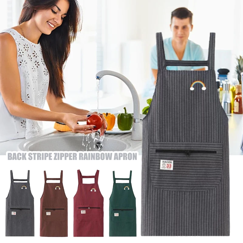 Kitchen Oil Resistant Aprons Striped Zippered Cotton Apron With Straps Breathable Apron Women\'s Dirt Resistant Work Clothes