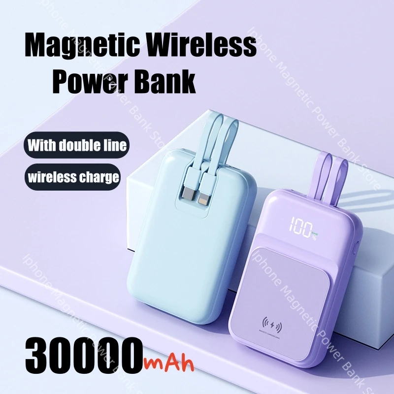 Power Bank Magnetik Pengisian Daya Nirkabel Super Cepat dengan Kabel Terintegrasi 30000mAh Power Bank Portabel Hadiah Lintas Batas