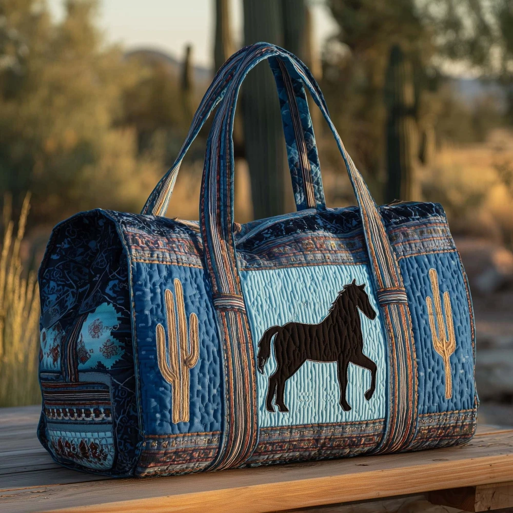 3D Western Style Quilted Tote Bag Running Horse Cactus Boho Print Travel Purse Handmade Shoulder Bag Large Capacity Carry-On Bag