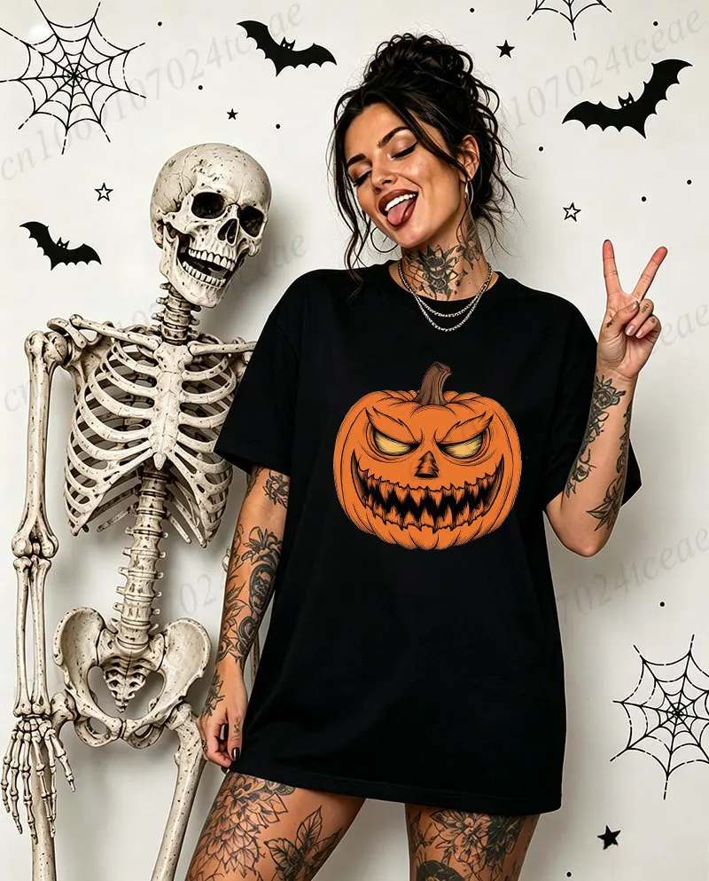 Halloween Scary Pumpkin T Shirt Women Evil Face Graphic T-Shirts Tee Vintage Gothic Tshirt Female Halloween Party Costume Tops