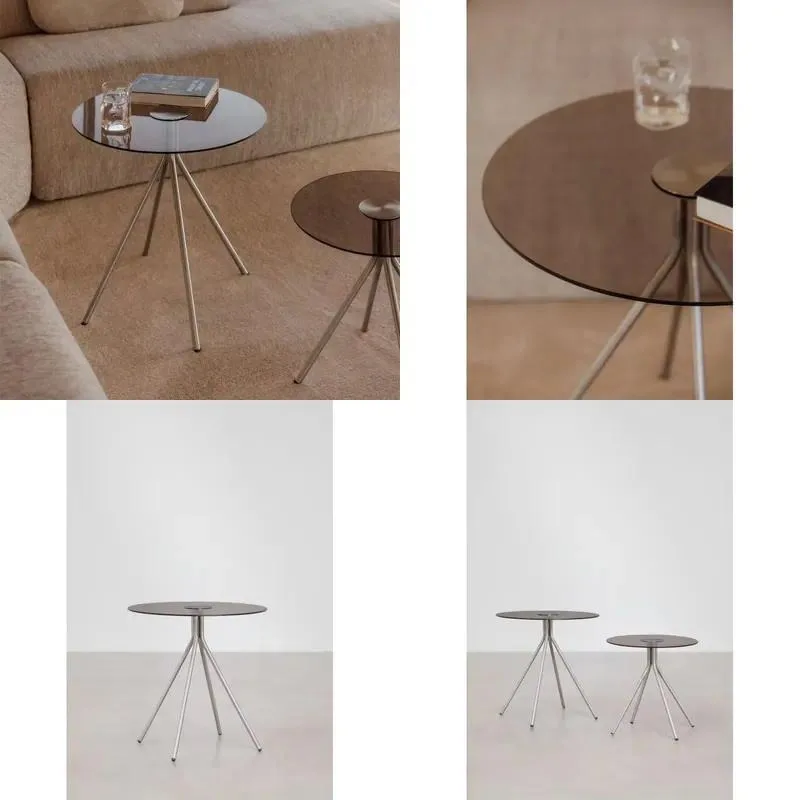 Scandinavian Style Coffee Table and Side Table Set Tempered Glass Top Stainless Steel Legs for Family Living Room