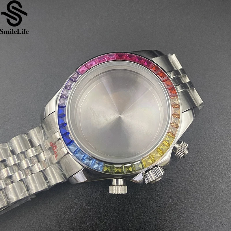SmileLife VK63 39mm Watch Case Sapphire Glass Colored Diamond Bezel Fit VK63 Quartz Movement Watch Accessories