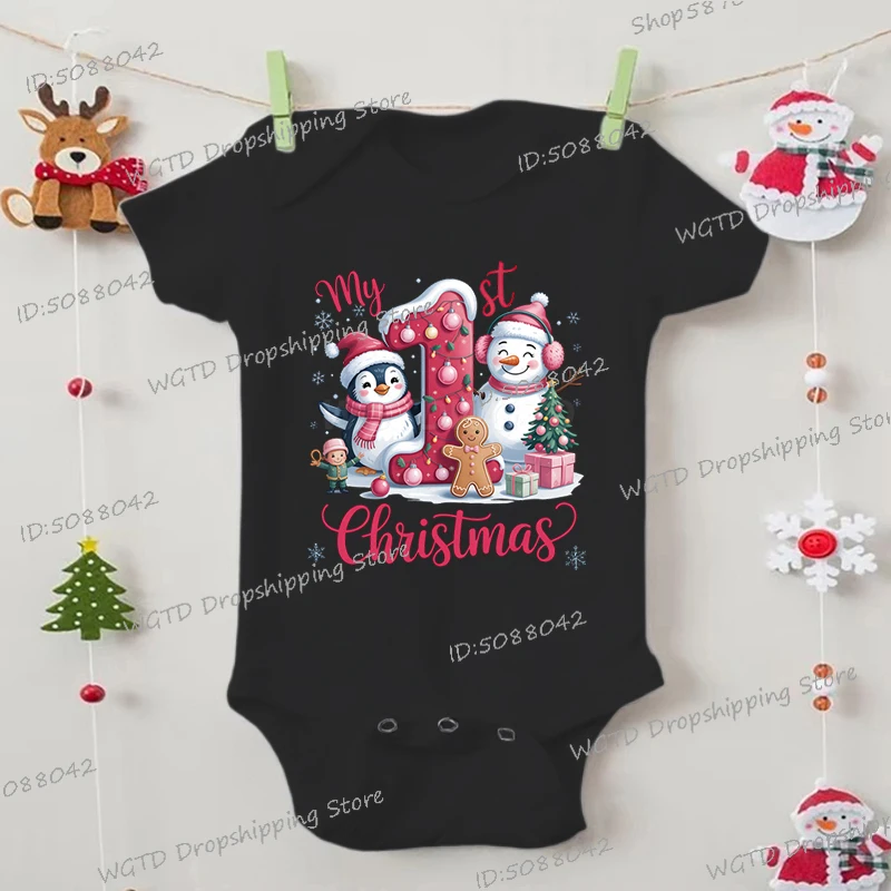

My 1st Christmas Print Baby Bodysuits Cartoon Snowman Short Sleeve Newborn Boy Girl Clothes 100% Cotton Christmas Romper Gifts