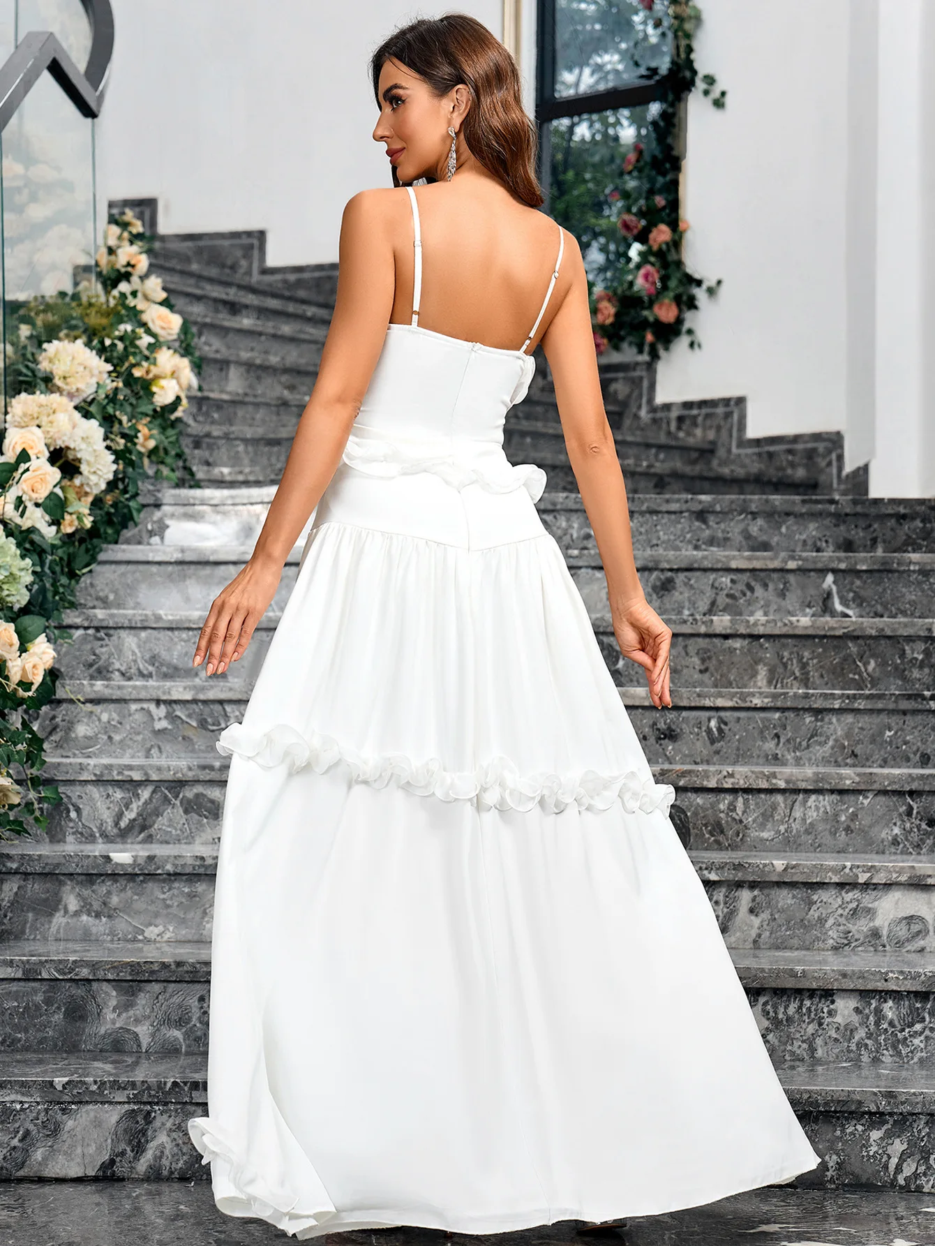 Splendido abito da laurea a-line con bretelle, abito da sposa in pizzo floreale, abito da adulto senza schienale con scollo a v sexy