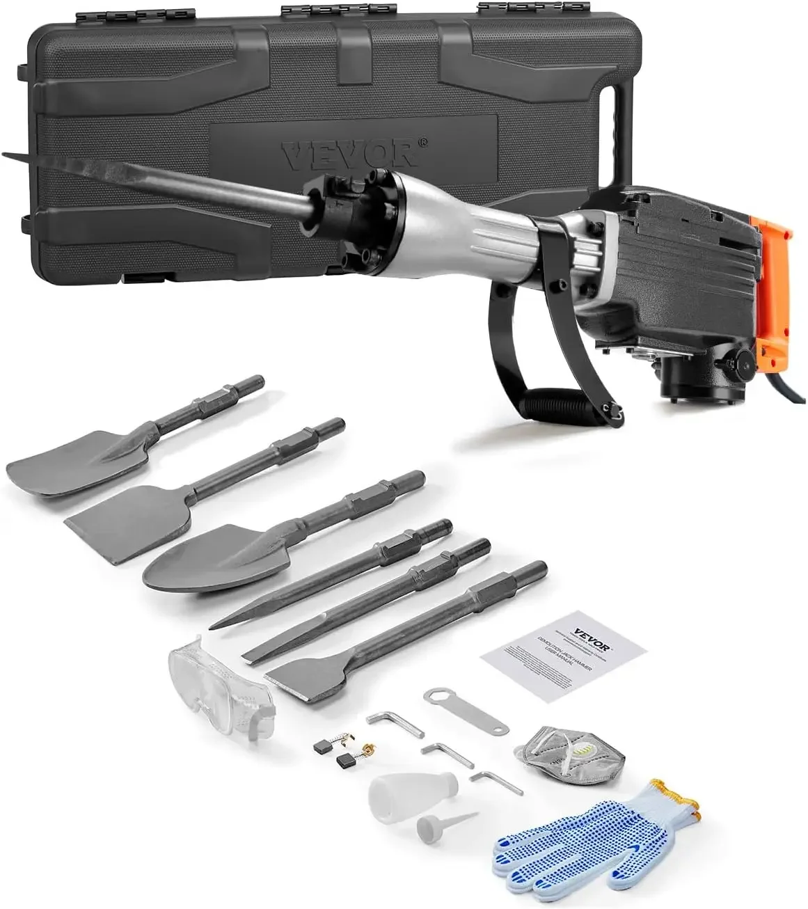 Demolition Jack Hammer, 1350 BPM Concrete Breaker 6pcs Chisels Bit Chipping with Case, 2200W Electric Jackhammer Heavy Duty, Bla