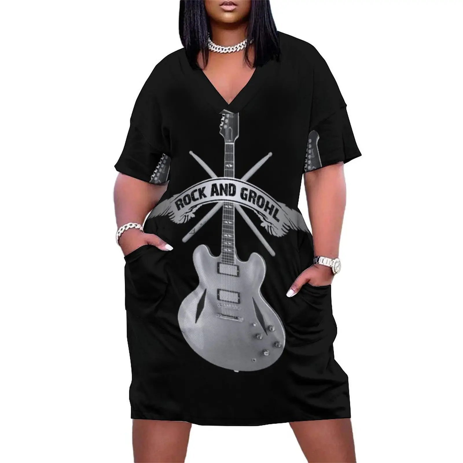 

ROCK and GROHL Awesome Drumstick & Guitar ORIGINAL Design! Loose Pocket Dress women"s clothing korea stylish Woman clothes