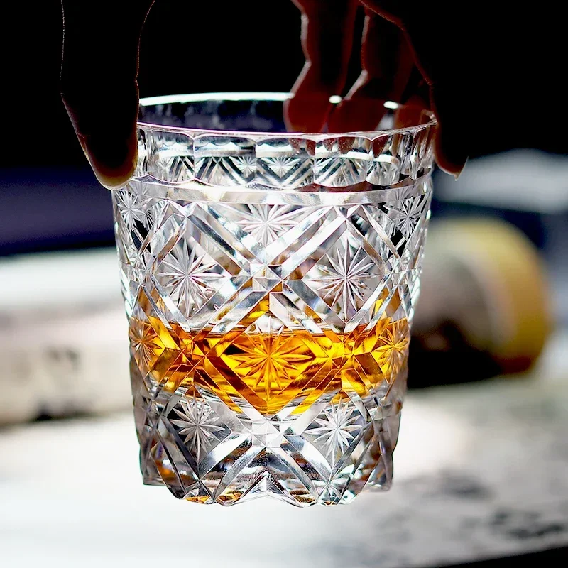 High-end Luxury Crystal Whisky Glass Hand Engraved Lucky Star Pattern Bourbon Vodka Drinking Glassware 240ml Handmade Artwork