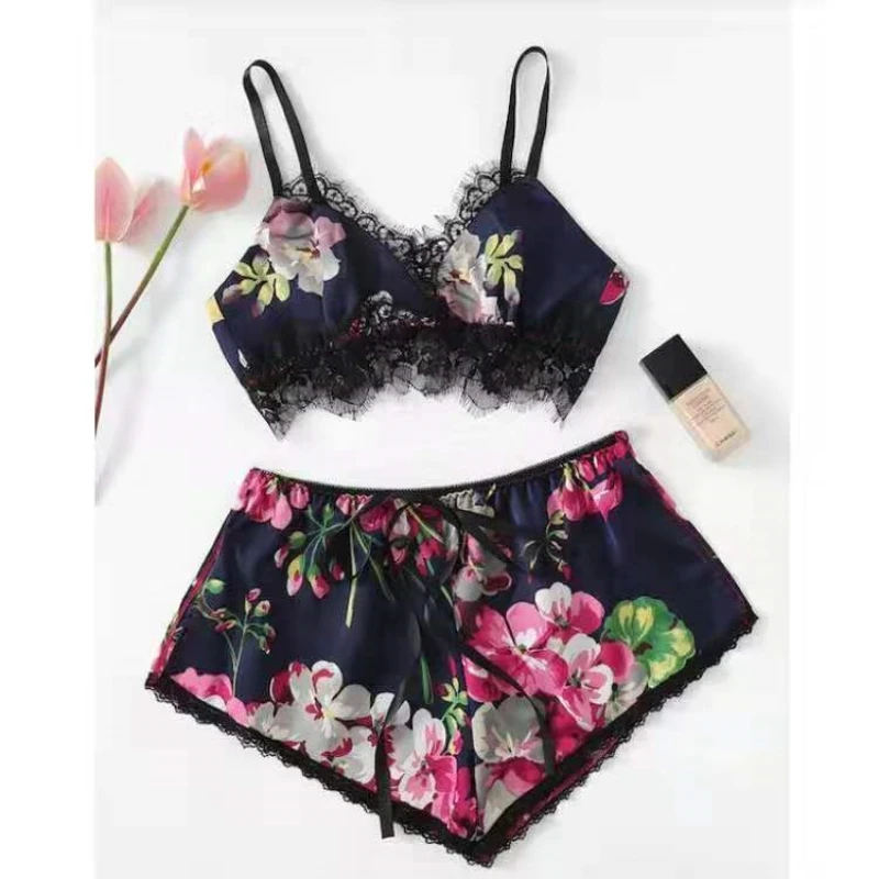 Pijamas suspensos de renda para meninas, lingerie sexy, pijama quente, shorts sexy, roupas domésticas, verão