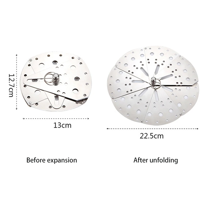 Tapa de caída ajustable de acero inoxidable, cubierta para olla de comida a fuego lento, cubierta de prevención antidesbordamiento, estante para cocinar al vapor