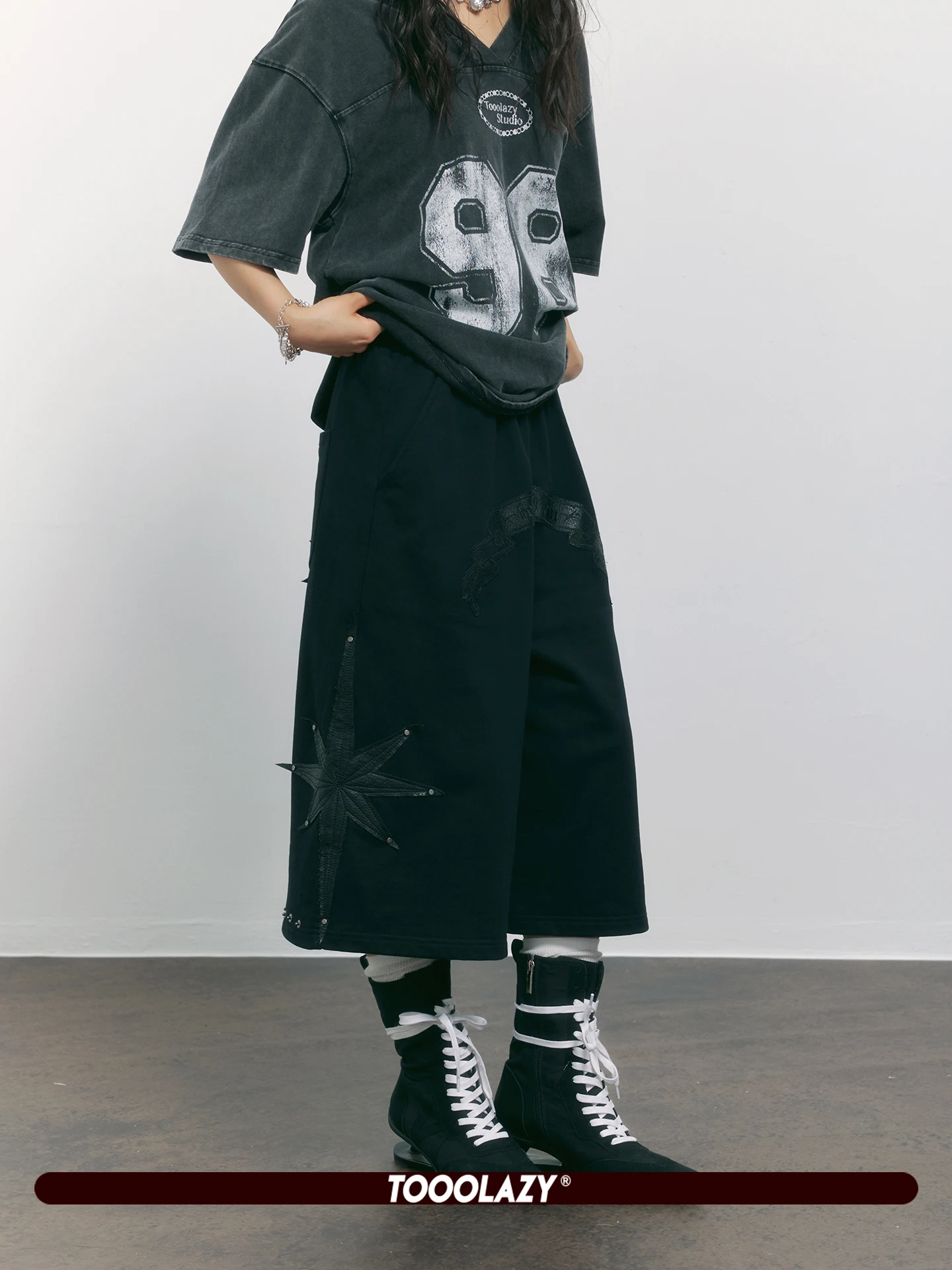

TooLazy American Retro Black Fitted Seven-Foot Wide Leg Pants Women Summer Loose Slimming Design Sense Workwear Trend