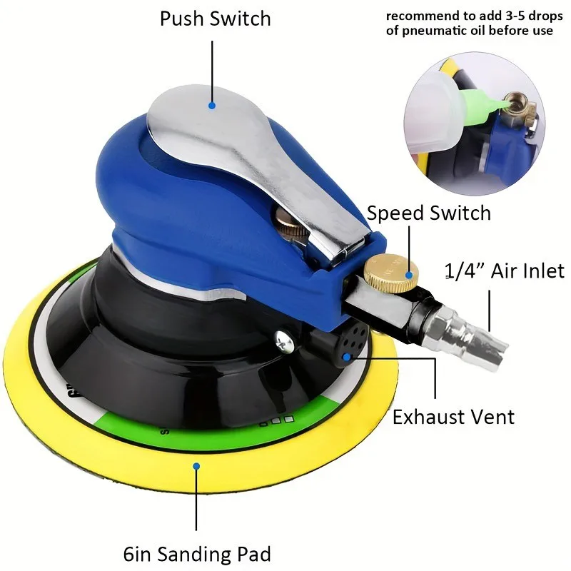 6 Inch Pneumatic Random Orbital Sander Air Polisher Variable Speed Hook Loop Pad for Car Wood Polishing Rust Removal