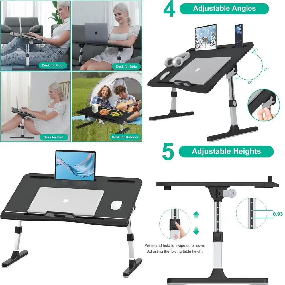 

Adjustable Height & Angle Foldable Lap Desk for Bed, Couch, or Floor - Sturdy, Black