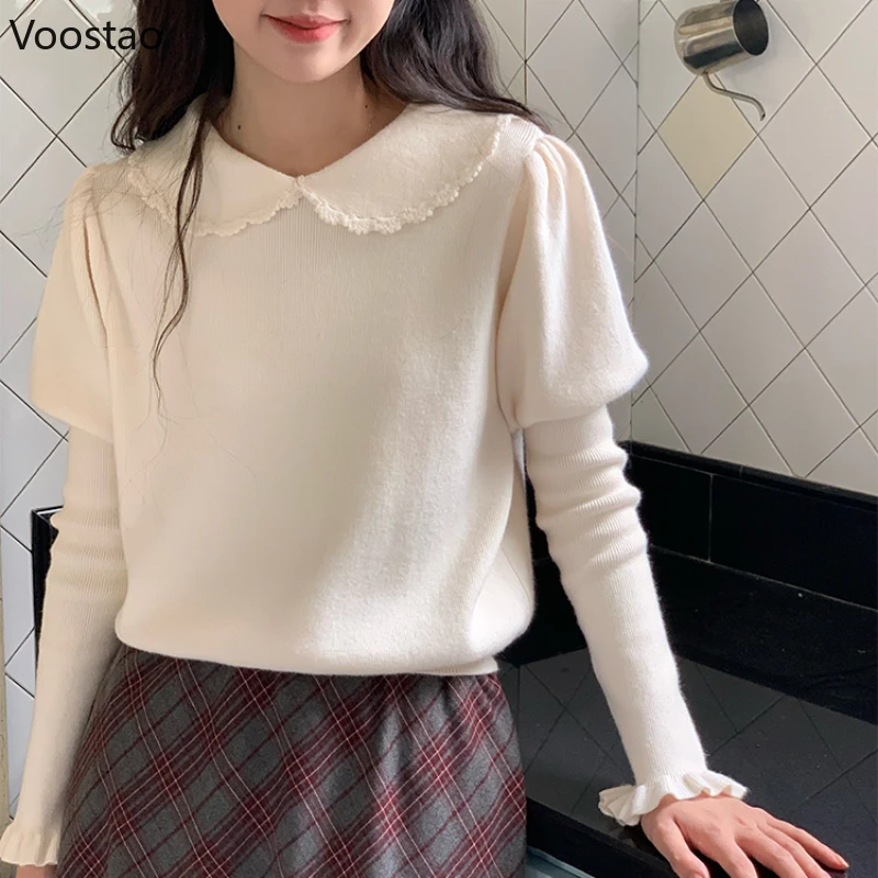 Autumn Winter Sweet Lolita Knitted Pullovers Women Vintage Lace Peter Pan Collar Gigot Sleeve Sweater Girls Cute Knitwear Tops