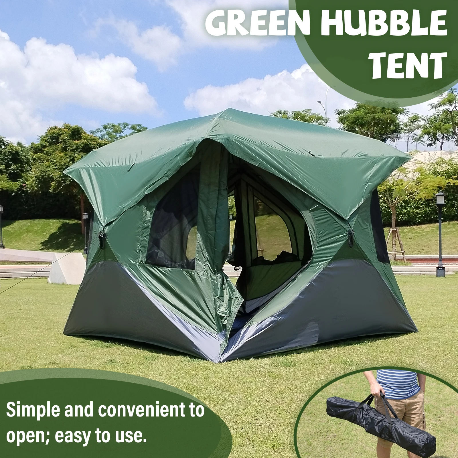 Green Hubble Tent Pop Up Spacious Mesh Window Canopy for Family Camping Backyard Beach