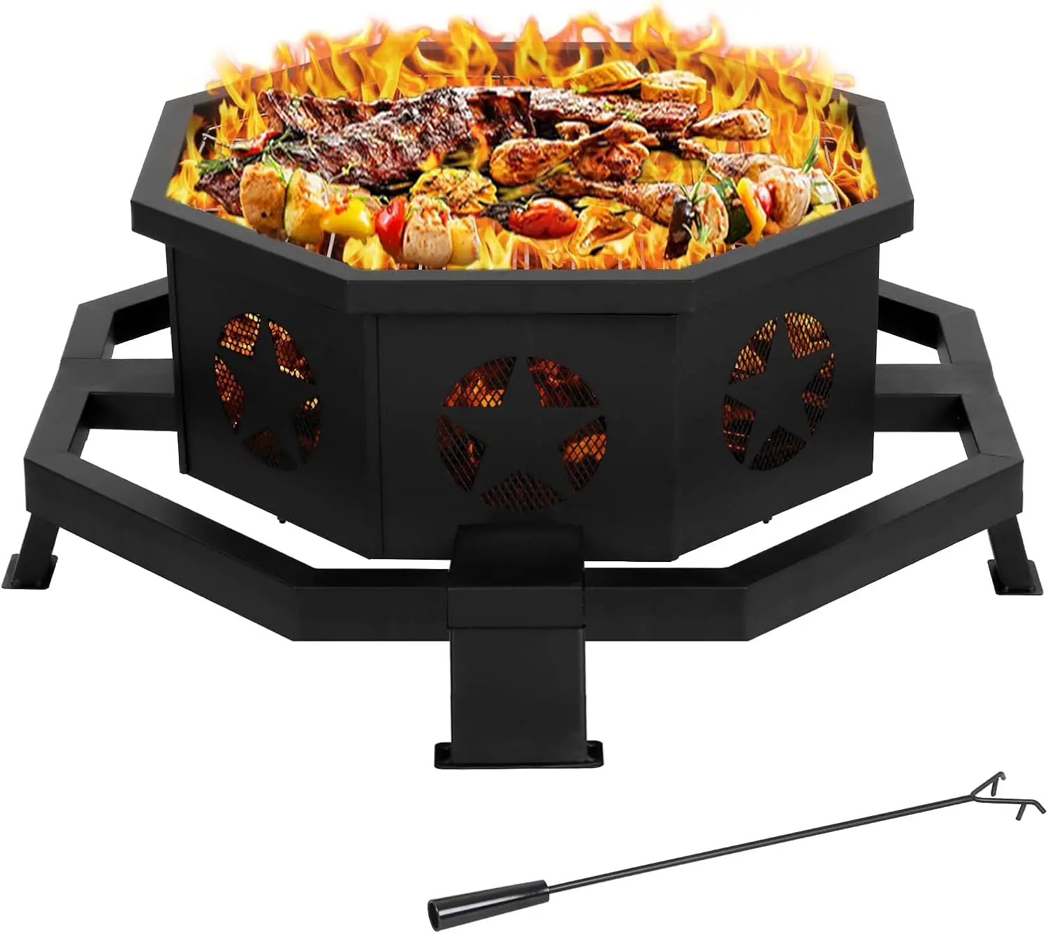 35 Inch 2 in 1 Fire Pit with Grill, Large Wood Burning Fire Pit with Cooking Grate, Octagonal Outdoor Firepit with Fire Poker