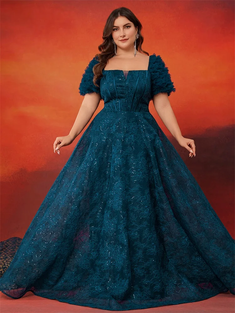 

XUIBOL Plus Size Blue Elegant Short Sleeve Blue Sequin Evening Dress Women Luxury Split Party Prom Cocktail Dresses Gowns