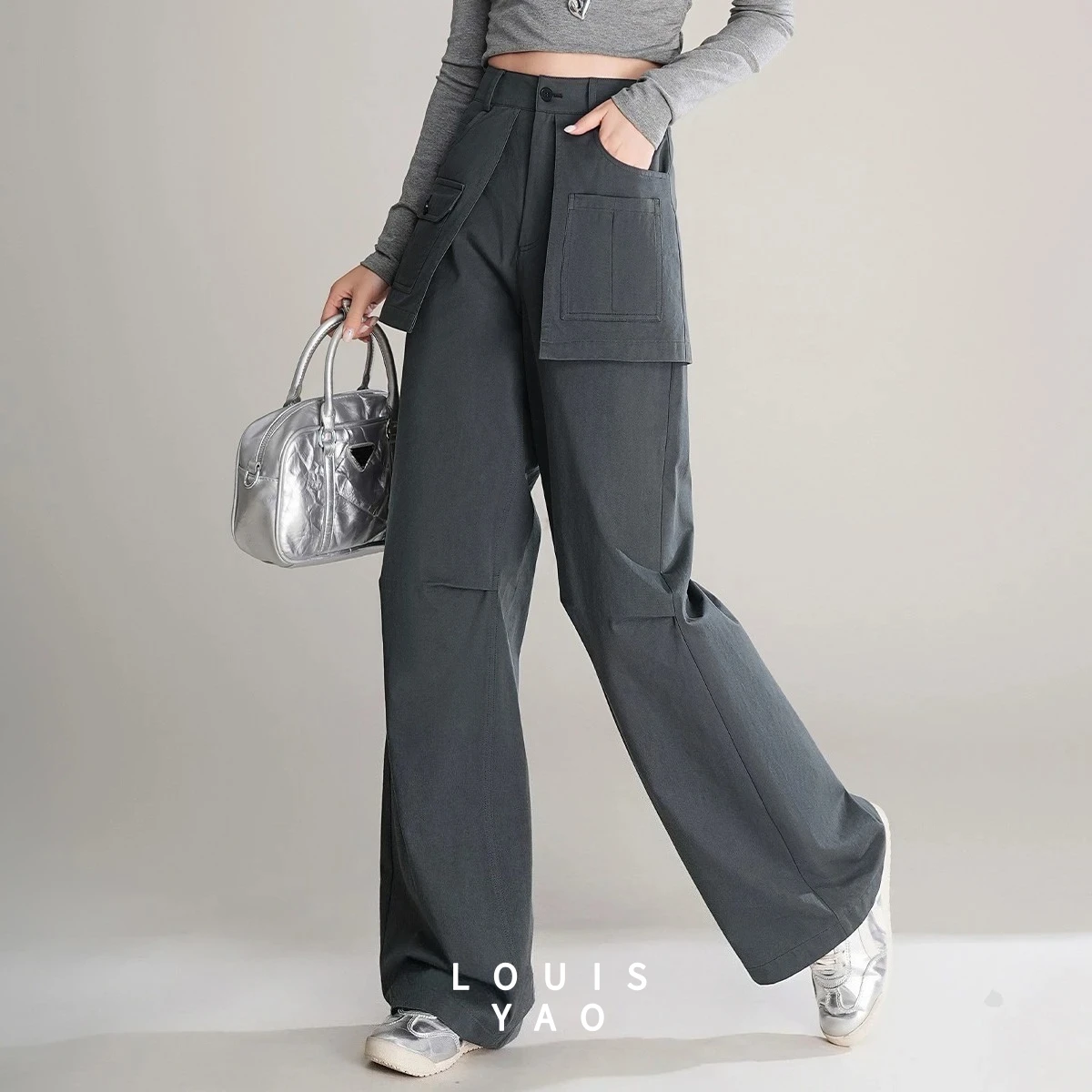 LOUISYAO Pocket Fake Two Piece Cargo Pants Women 2025 Autumn 100% Cotton Sweet Cool Style Straight Long Trousers New In 