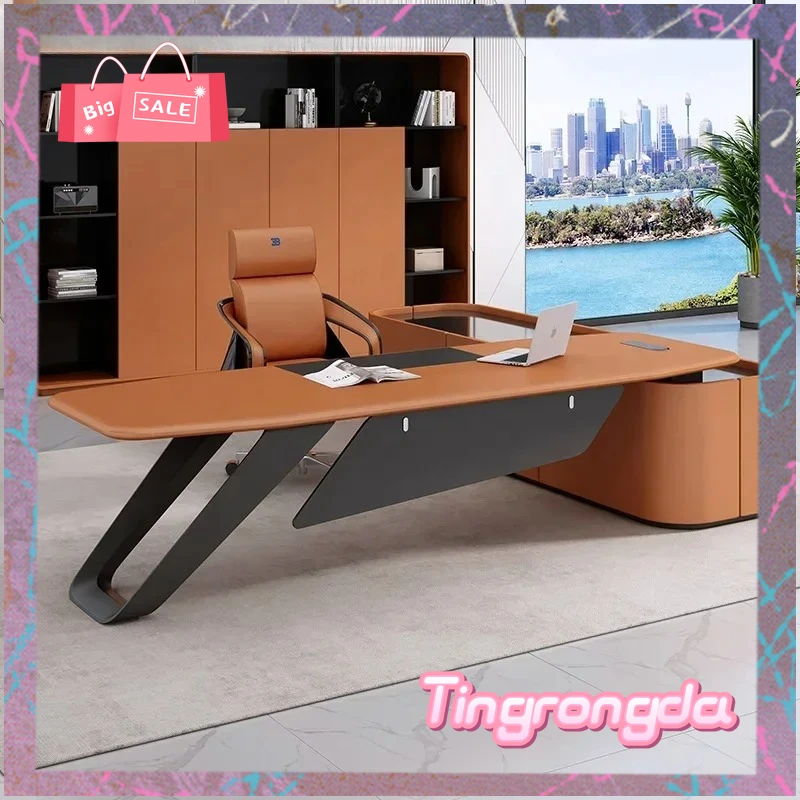 Y Modern Large Office Desk Light Luxury Orange Leather Boss President Desk with Wooden Extendable Feature Home Furniture