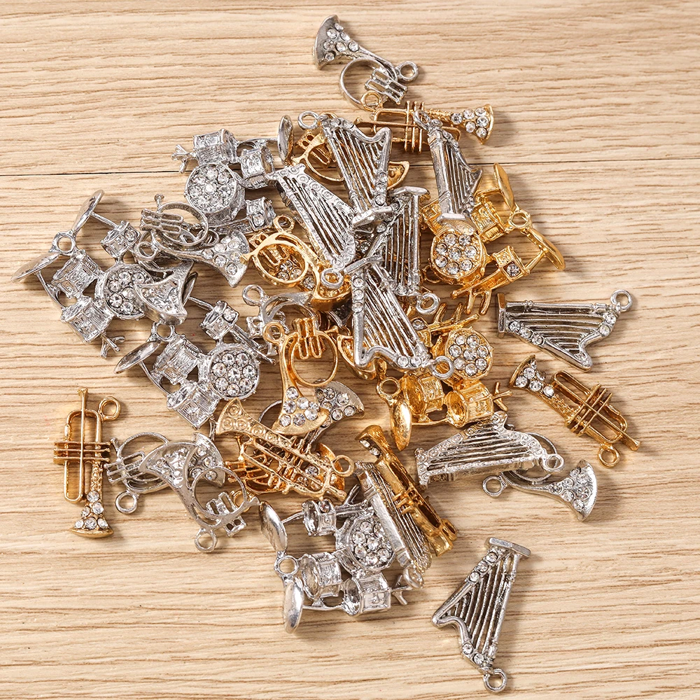 Tusember 10pcs Crystal Musical Instrument Pendants Trombone Trumpet Harp Charms for Earrings Bracelets Necklaces Handmade Craft