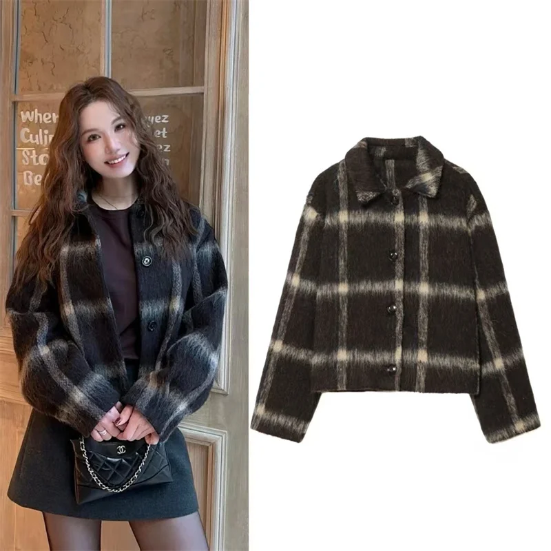 

Women's Coat 2025 Autumn New Style Plaid Long Sleeve Melange Color Single-Breasted Jacket Casual Fashion Versatile