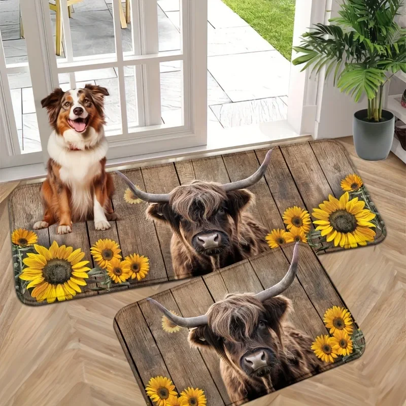 Sunflower Carpet Farm Highland Cow Area Rug for Kids Teen Adult,Western Bull Cattle Floral Floor Mat for Farmhosue Bedroom Decor