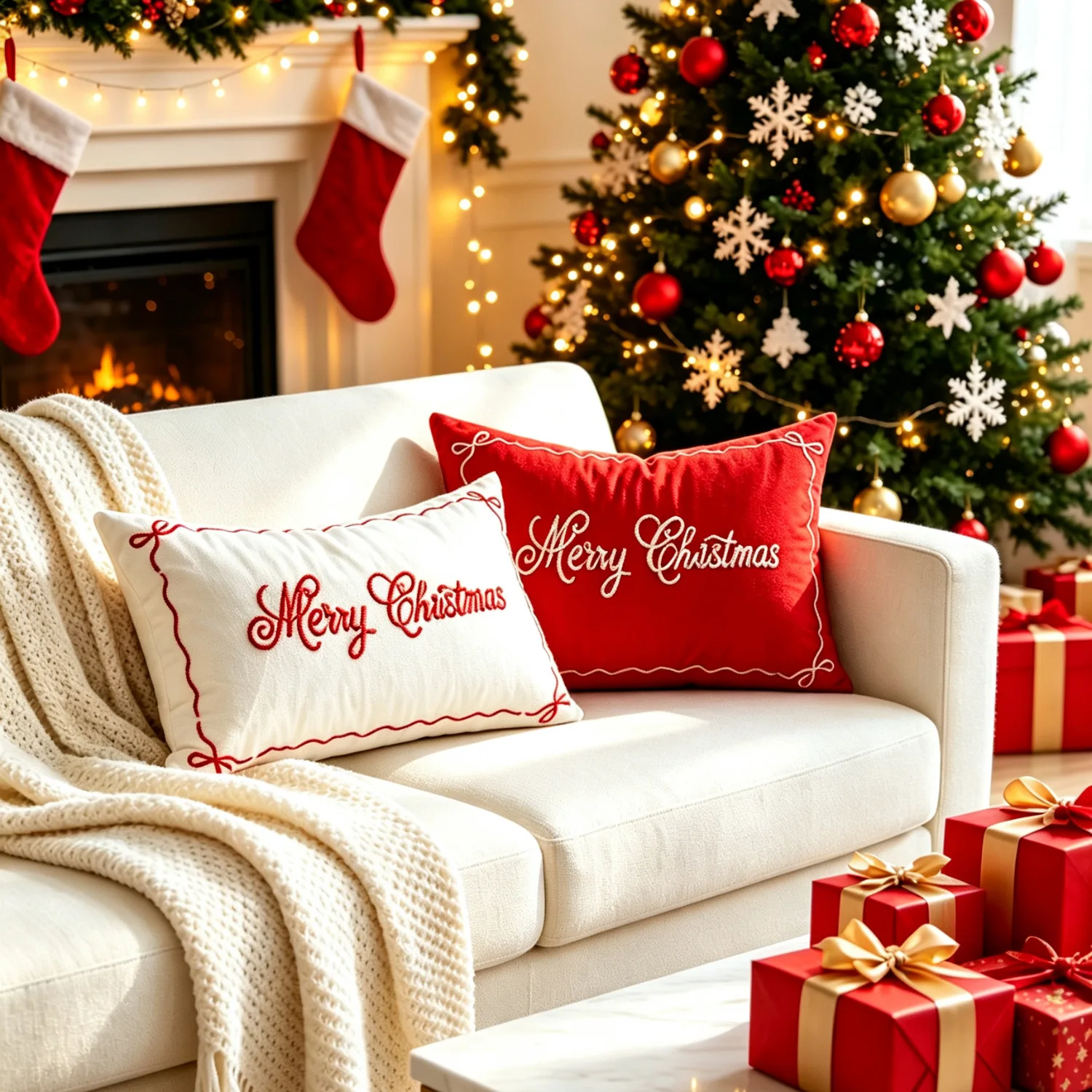 Christmas Embroidery Throw Pillowcase Cojines Red White Solid-Color Bowknot Decorative Pillow Cushion Cover Decor Home 30x50cm