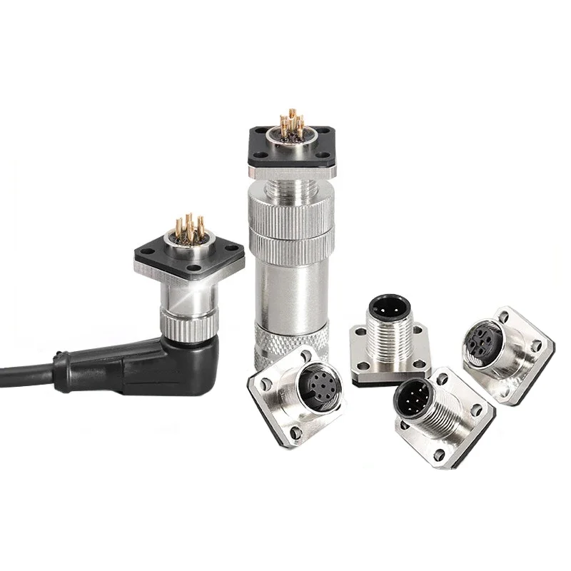 M12 Square Flange Connectors 4 5 8 Pin Male Female Panel Socket Options Metal Housings 5 10 100PCS Packs for Sensor Panel Wiring