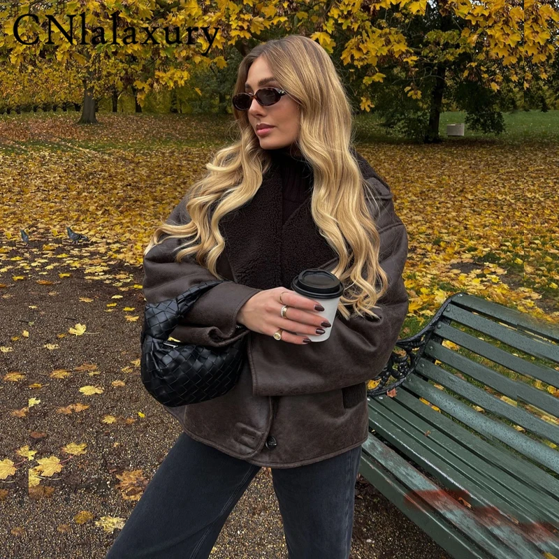 CNlalaxury Winter Women Lamb Wool Thick Jacket Vintage Faux Leather Outwear Single Breasted Pockets Streetwear Warm Jackets