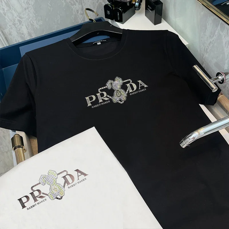 أزياء فاخرة ماركة 2025 صيف جديد مصمم طباعة نمط أرنب القطن الخالص عالية الجودة عادية Harajuku للجنسين حجم كبير