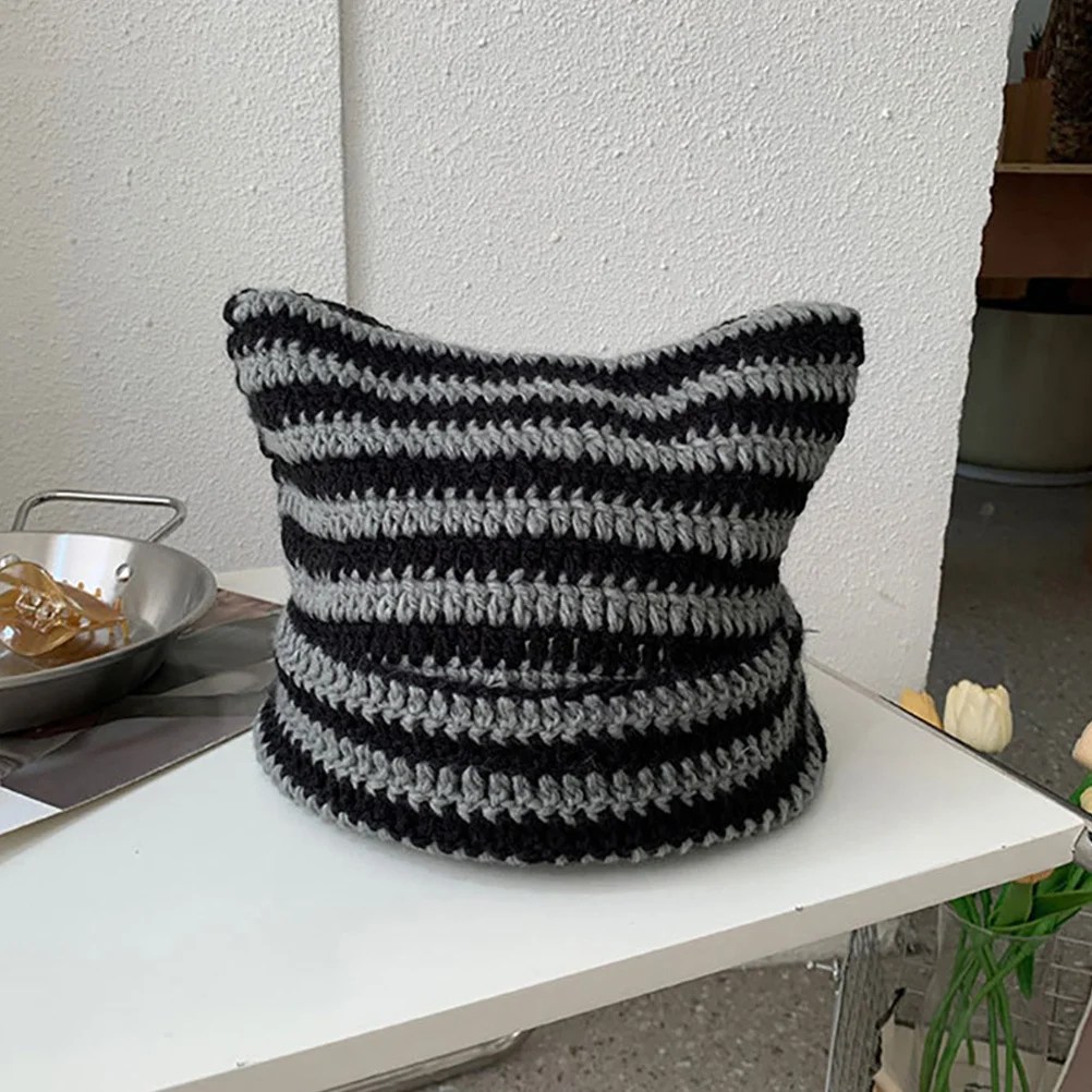 

Cat Ear Beanie Hat for Women Winter Warm Knitted Hat Trendy Fashionable Thermal Cap Soft Acrylic Fiber Outdoor Use