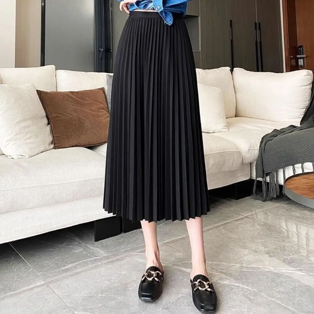 Classic Elegant Vintage Pleated A-Line Skirt Smooth Satin Solid Color Satin Long Skirt Elastic Waistband Satin Pleated Skirt