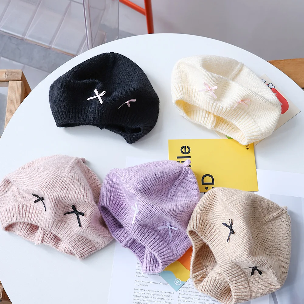 Bow Baby Beret Hat Winter Warm Knitted Beanie Cap For Infant Girls Korean Toddler Princess Artist Solid Color Painter Caps