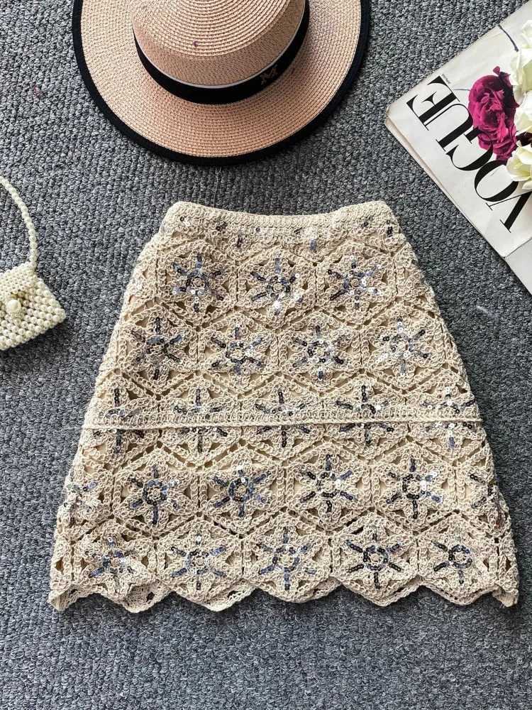 

Модное шикарное пляжное платье-мини в городском стиле для женщин, летний дизайн, вязаное крючком, с пайетками, ажурное, приталенное