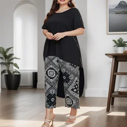 Plus Size Women's Suit Solid Color T-Shirt and Printed Loose Cropped Pants Suit Casual Fashion Women's Clothing