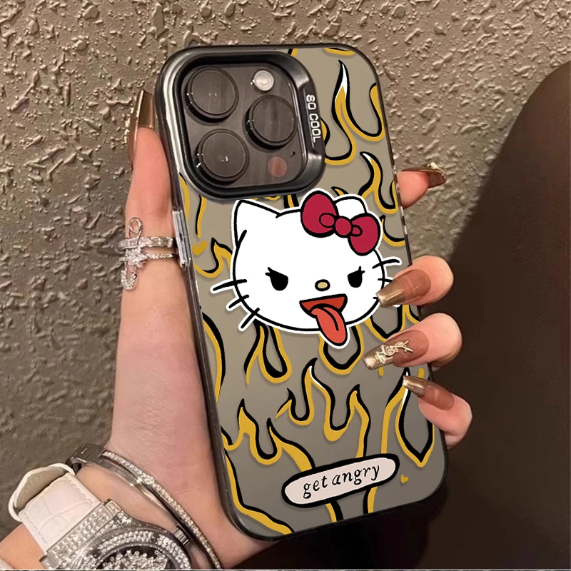 Luxury Flame Hello Kitty Case for iPhone 16 15 14 13 12 11 Pro Max XS X XR 8 7 Plus SE 2020 Matte Hard Shockproof Plating Cover