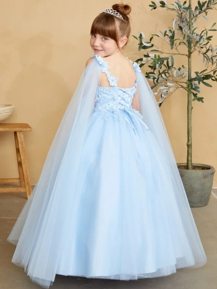 ชุดเดรสดอกไม้ Sky Blue Tulle ดอกไม้ Appliques พร้อมผ้าคลุมไหล่สําหรับงานแต่งงานวันเกิด Party Gowns จัดเลี้ยงที่กําหนดเอง