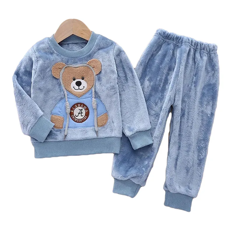 2023 Autumn Winter Boy Girl Clothes Pajamas Set Thick flannel Toddler Child Warm Cartoon Bear Sleepwear Kids Home Suit 0-5Y