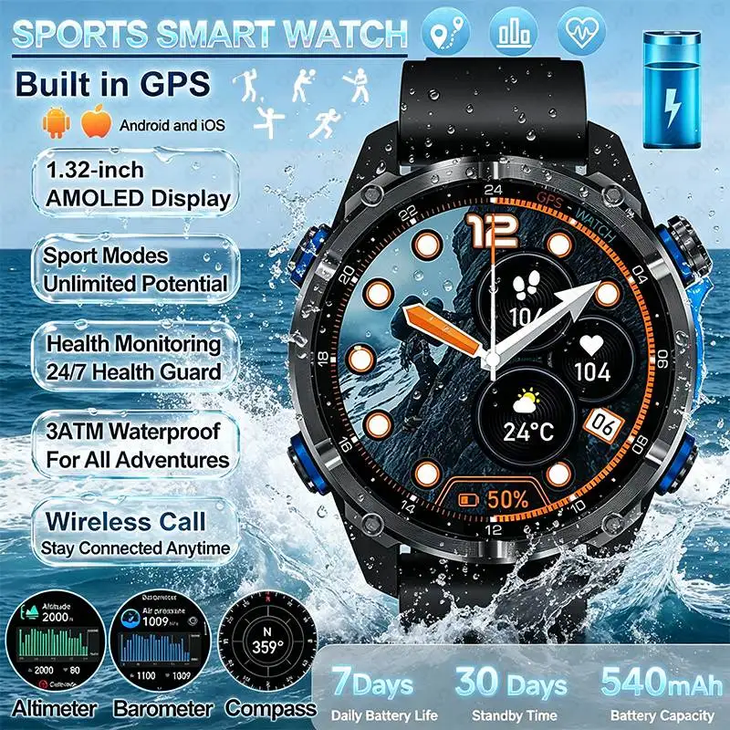 GPS Sportmodus Smartwatch Kompass BT-Anruf Gesundheitsüberwachung Blutdruck Blutsauerstoff Schlaf 1,32 Zoll AMOLED Herren Smartwatch