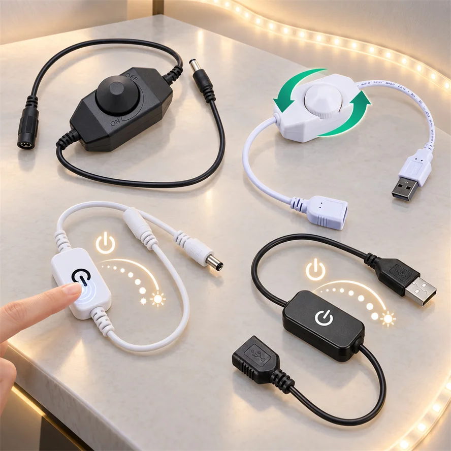 USB DC Plug Knob Dimmer Switch Touch Dimming Switch 0~100% High Quality DC5V 12V 24V for COB SMD LED Light Strip Night Light